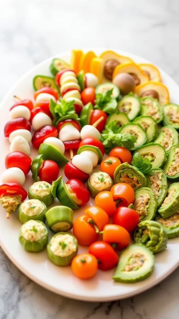 A vibrant platter of easy vegetarian appetizers including Caprese skewers, stuffed mini peppers, cucumber bites, and avocado toast.